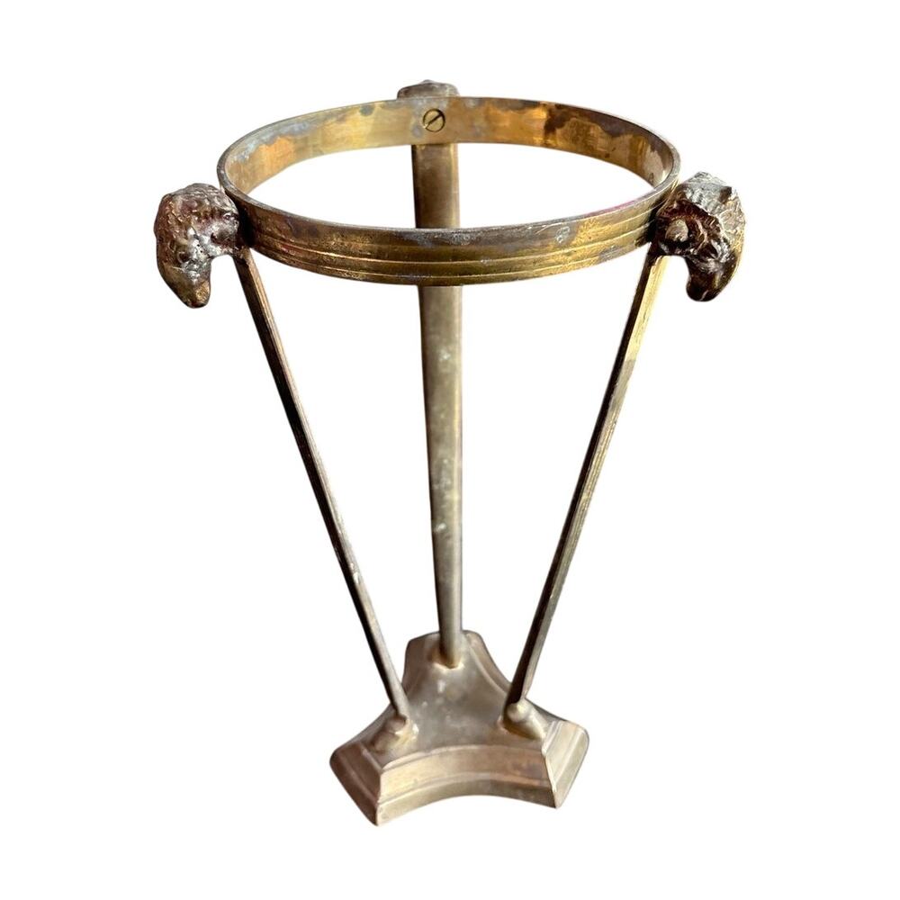 Vintage Brass Decor Tripod Display Stand - Rams Head Hooves Details- 9.5" tall